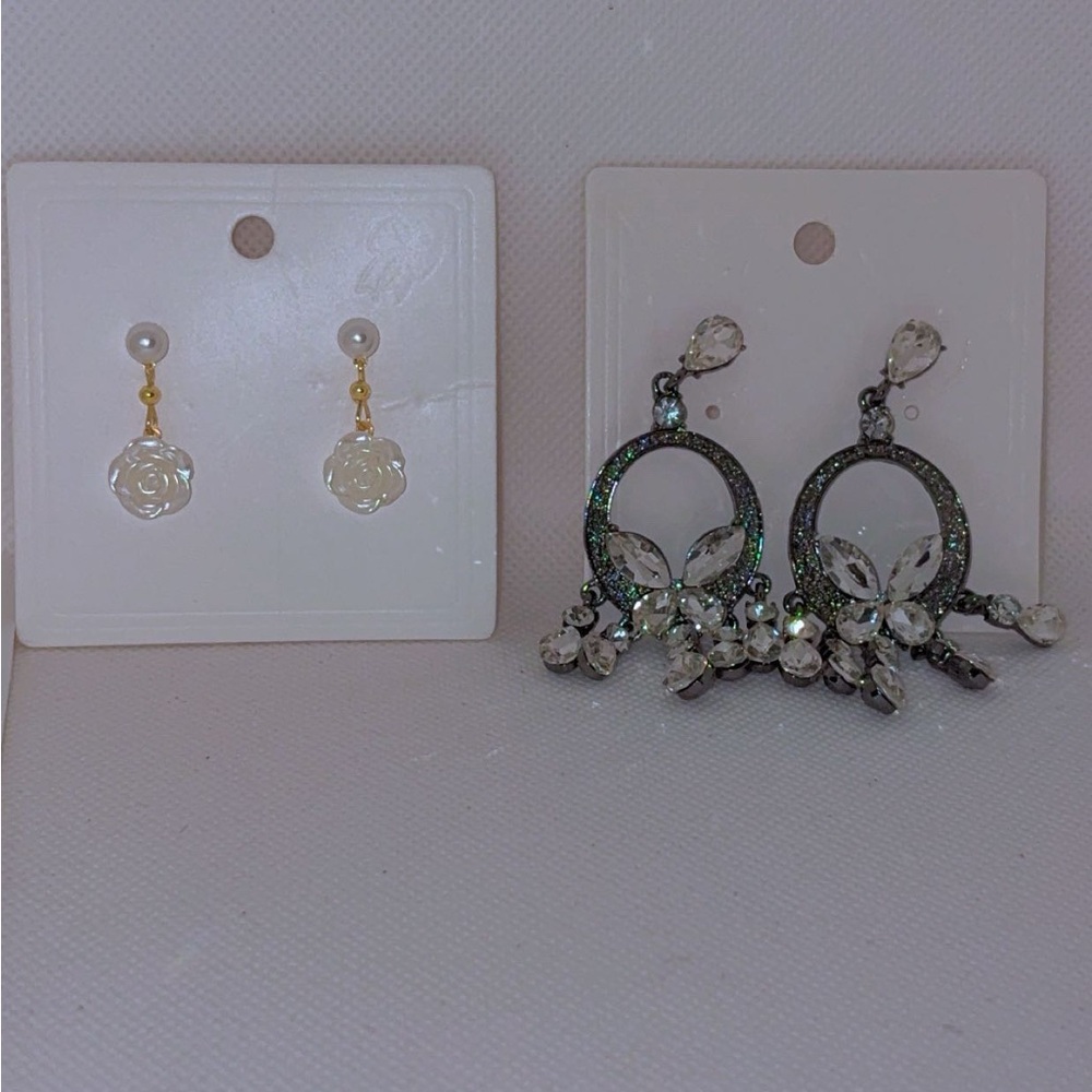 Fashion Jewelry Pearl Rose Drop & Crystal Hoop Dangle Earrings Set